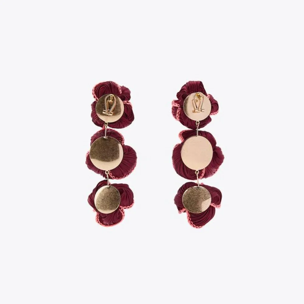 Zara Wine Red Floral Fabric Drop Earrings Triple Flower Statement Butterfly Back - Picture 5 of 7